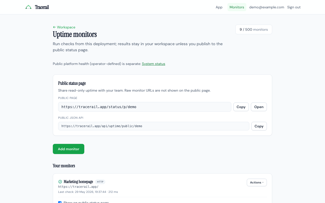 All monitors with uptime bars and check types